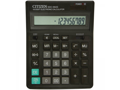 Калькулятор настольный,16 разр., дв. питание, две памяти, черный корпус, разм.199x153x30 мм, арт. SDC-664S